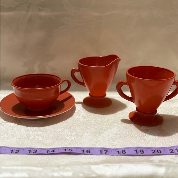 Vintage 1940’s Hazel Atlas Cup and Saucer, Sugar Dish and Creamer - Brick/Coral - Picture 1 of 16